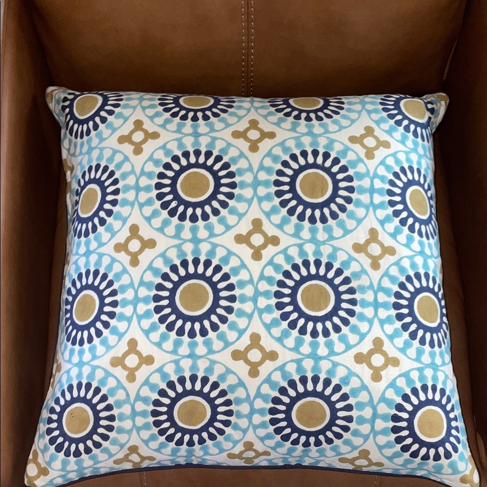 JONATHAN ADLER Mid Century Blue Gold Patterned Throw Pillow Feather Insert